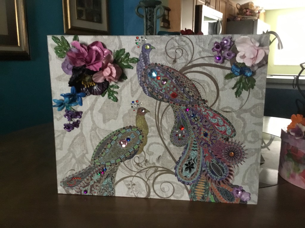 Peacock with Pink Flowers and Rhinestones