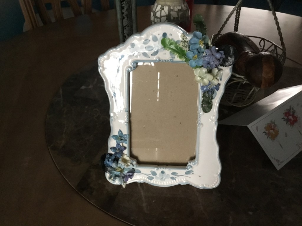 Small Ceramic Frame with Purple Silk Flowers