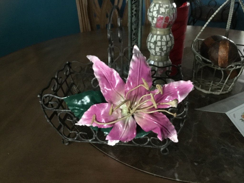 Pink Lily Painted Silk Flowers on Basket Basket
