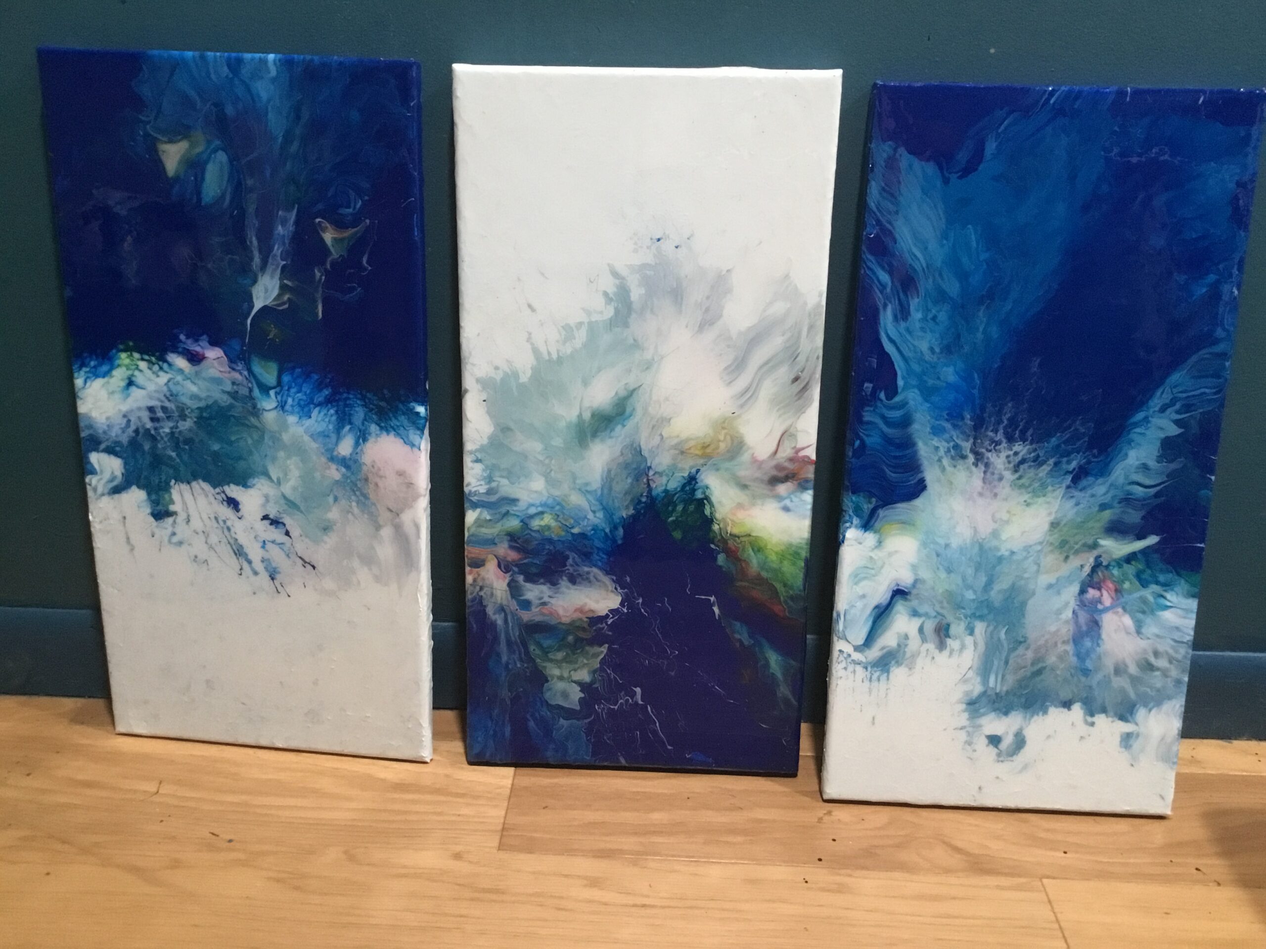 Three Blue Pour Paintings